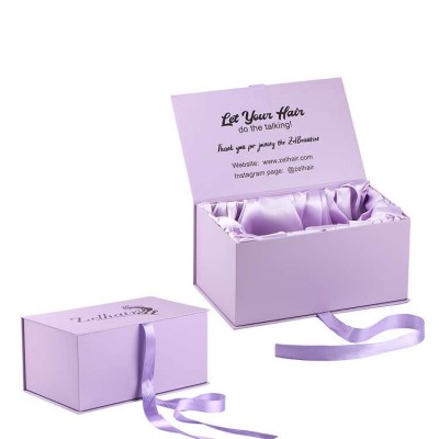 Custom Purple Hair Extension Cardboard Gift Box With Satin